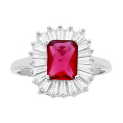 ANELLO SOLITARIO RETTANGOLARE CUBIC ZIRCONIA ROSSO RUBINO CONTORNATO DA CUBIC ZIRCONIA TRAPEZIO BIANCHI IN ARGENTO 925 GALVANICA
