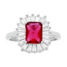 ANELLO SOLITARIO RETTANGOLARE CUBIC ZIRCONIA ROSSO RUBINO CONTORNATO DA CUBIC ZIRCONIA TRAPEZIO BIANCHI IN ARGENTO 925 GALVANICA