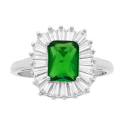 ANELLO SOLITARIO RETTANGOLARE CUBIC ZIRCONIA VERDE SMERALDO CONTORNATO DA CUBIC ZIRCONIA TRAPEZIO BIANCHI IN ARGENTO 925 GALVANI