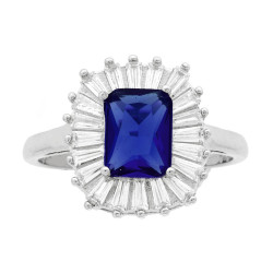 ANELLO SOLITARIO RETTANGOLARE CUBIC ZIRCONIA BLU ZAFFIRO CONTORNATO DA CUBIC ZIRCONIA TRAPEZIO BIANCHI IN ARGENTO 925 GALVANICA 