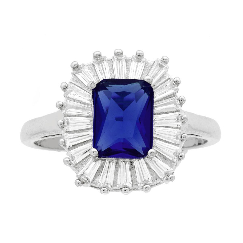 ANELLO SOLITARIO RETTANGOLARE CUBIC ZIRCONIA BLU ZAFFIRO CONTORNATO DA CUBIC ZIRCONIA TRAPEZIO BIANCHI IN ARGENTO 925 GALVANICA 