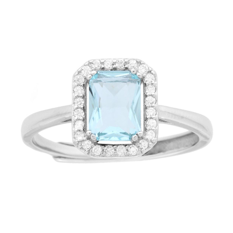 ANELLO SOLITARIO RETTANGOLARE CUBIC ZIRCONIA ACQUAMARINA CONTORNATO DA CUBIC ZIRCONIA BIANCHI IN ARGENTO 925 GALVANICA RODIO