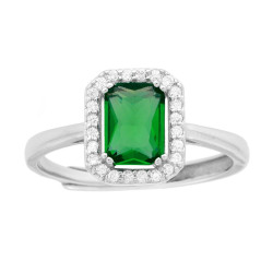 ANELLO SOLITARIO RETTANGOLARE CUBIC ZIRCONIA VERDE SMERALDO CONTORNATO DA CUBIC ZIRCONIA BIANCHI IN ARGENTO 925 GALVANICA RODIO