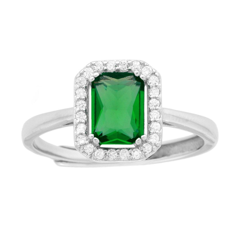 ANELLO SOLITARIO RETTANGOLARE CUBIC ZIRCONIA VERDE SMERALDO CONTORNATO DA CUBIC ZIRCONIA BIANCHI IN ARGENTO 925 GALVANICA RODIO