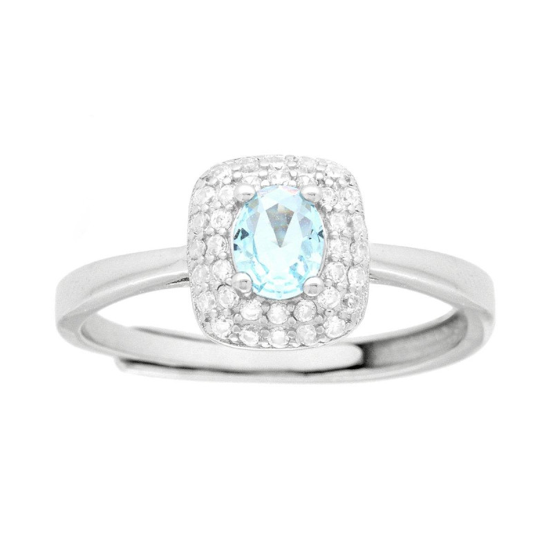 ANELLO SOLITARIO RETTANGOLARE CUBIC ZIRCONIA OVALE ACQUAMARINA CONTORNATO DA CUBIC ZIRCONIA BIANCHI IN ARGENTO 925 GALVANICA ROD