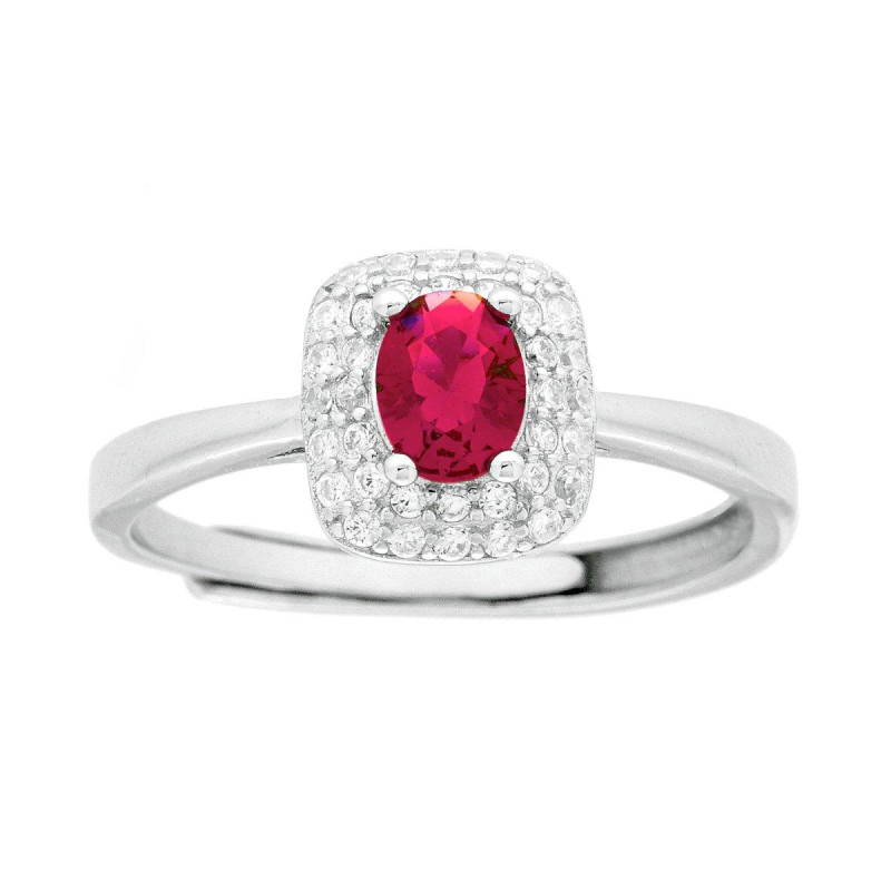 ANELLO SOLITARIO RETTANGOLARE CUBIC ZIRCONIA OVALE ROSSO RUBINO CONTORNATO DA CUBIC ZIRCONIA BIANCHI IN ARGENTO 925 GALVANICA RO
