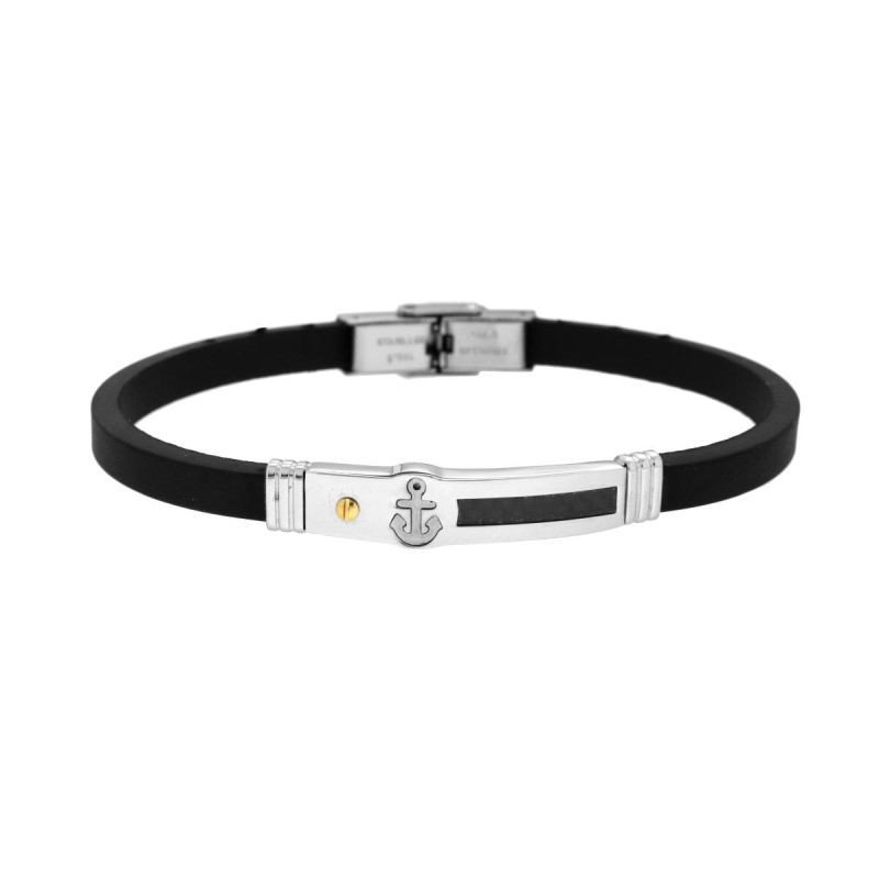 BRACCIALE IN PVC CAUCCIU NERO CON ANCORA E ACCESSORI IN ACCIAIO