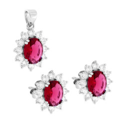 PARURE SET ORECCHINI E CIONDOLO OVALE CUBIC ZIRCONIA ROSSO RUBINO CONTORNATO DA CUBIC ZIRCONIA BIANCHI IN ARGENTO 925 GALVANICA 