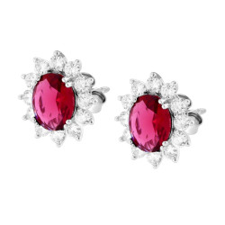 PARURE SET ORECCHINI E CIONDOLO OVALE CUBIC ZIRCONIA ROSSO RUBINO CONTORNATO DA CUBIC ZIRCONIA BIANCHI IN ARGENTO 925 GALVANICA 