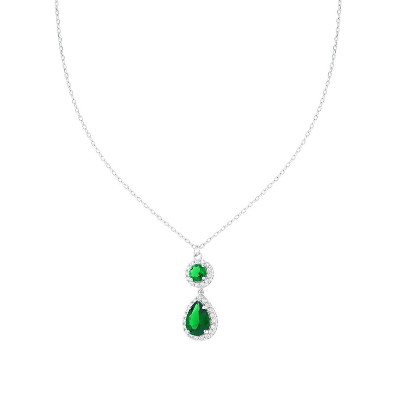 COLLANA CATENA FORZATINA DIAMANTATA GOCCIA VERDE SMERALDO CONTORNATA DA CUBIC ZIRCONIA BIANCHI IN ARGENTO 925 GALVANICA RODIO