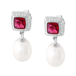 ORECCHINI QUADRATI ROSSO RUBINO CONTORNATO DA CUBIC ZIRCONIA BIANCHI E PERLA OVALE PENDENTE IN ARGENTO 925 GALVANICA RODIO
