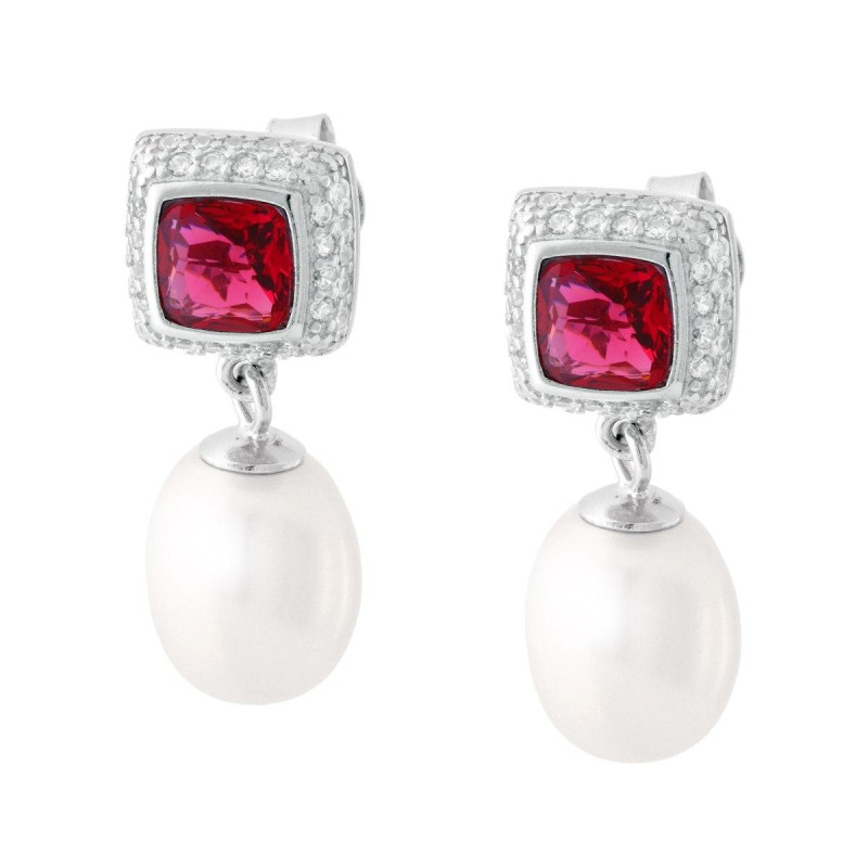 ORECCHINI QUADRATI ROSSO RUBINO CONTORNATO DA CUBIC ZIRCONIA BIANCHI E PERLA OVALE PENDENTE IN ARGENTO 925 GALVANICA RODIO