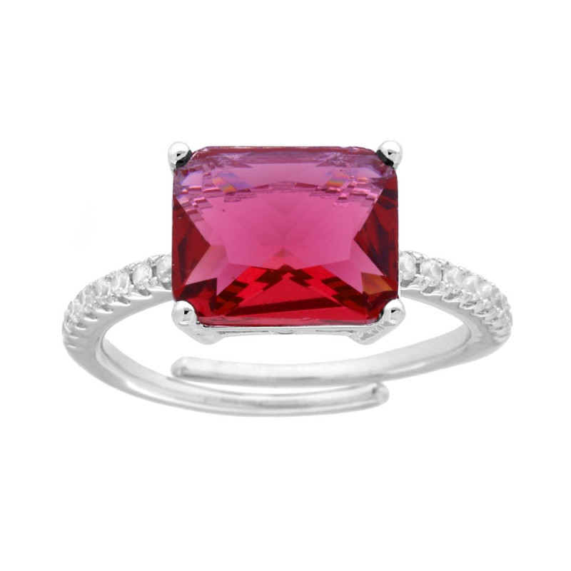 ANELLO SOLITARIO RETTANGOLO ROSSO RUBINO CON CUBIC ZIRCONIA BIANCHI IN ARGENTO 925 GALVANICA RODIO
