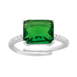 ANELLO SOLITARIO RETTANGOLO VERDE SMERALDO CON CUBIC ZIRCONIA BIANCHI IN ARGENTO 925 GALVANICA RODIO