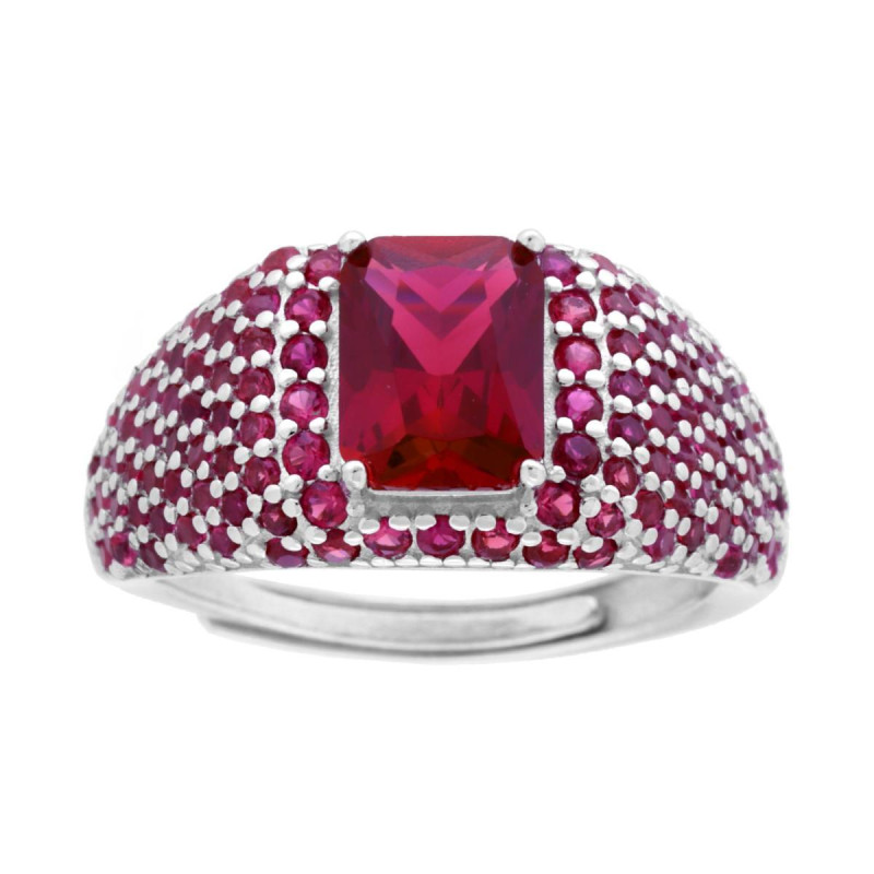 ANELLO CHEVALIER SIGILLO RETTANGOLO CUBIC ZIRCONIA ROSSO RUBINO IN ARGENTO 925 GALVANICA RODIO