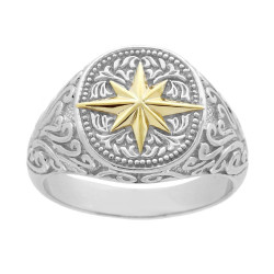 ANELLO CHEVALIER CON SCUDO TONDO E ROSA DEI VENTI IN ARGENTO 925 GALVANICA RODIO E ORO
