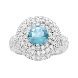 ANELLO CON PIETRA NATURALE ACQUAMARINA CONTORNATA DA CUBIC ZIRCONIA BIANCHI IN ARGENTO 925 GALVANICA RODIO