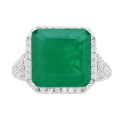 ANELLO QUADRATO CON PIETRA NATURALE VERDE SMERALDO CONTORNATA CON CUBIC ZIRCONIA BIANCHI IN ARGENTO 925 GALVANICA RODIO
