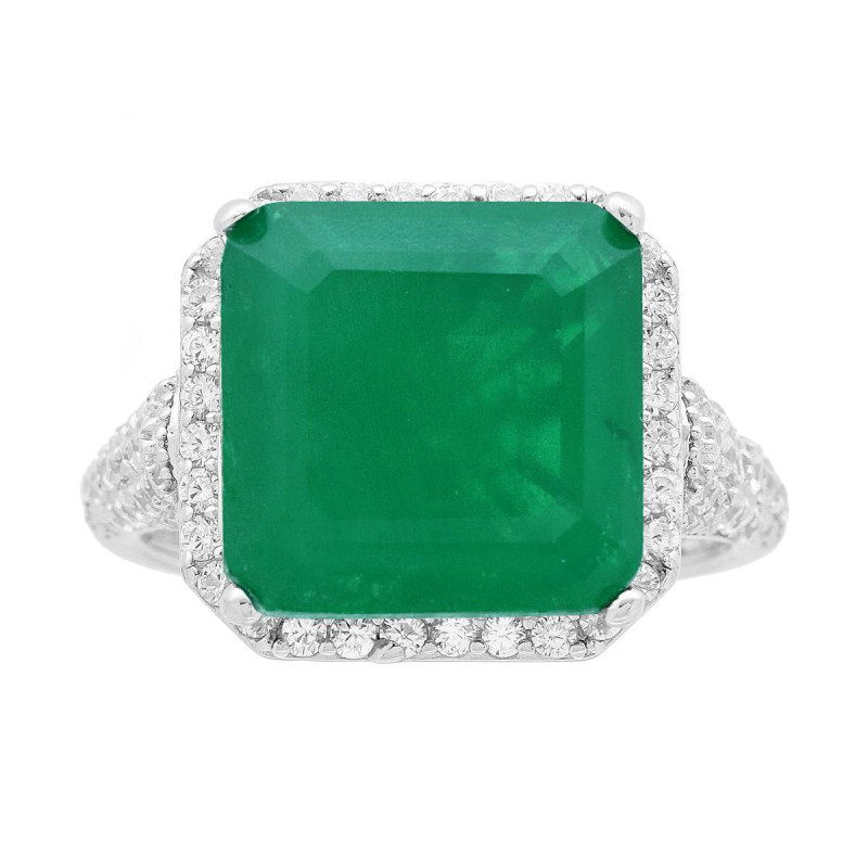 ANELLO QUADRATO CON PIETRA NATURALE VERDE SMERALDO CONTORNATA CON CUBIC ZIRCONIA BIANCHI IN ARGENTO 925 GALVANICA RODIO