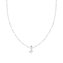 COLLANA CATENA VENEZIANA DIAMANTATA CON FARFALLA CUBIC ZIRCONIA BIANCHI E PUNTO LUCE ACQUAMARINA IN ARGENTO 925 GALVANICA RODIO