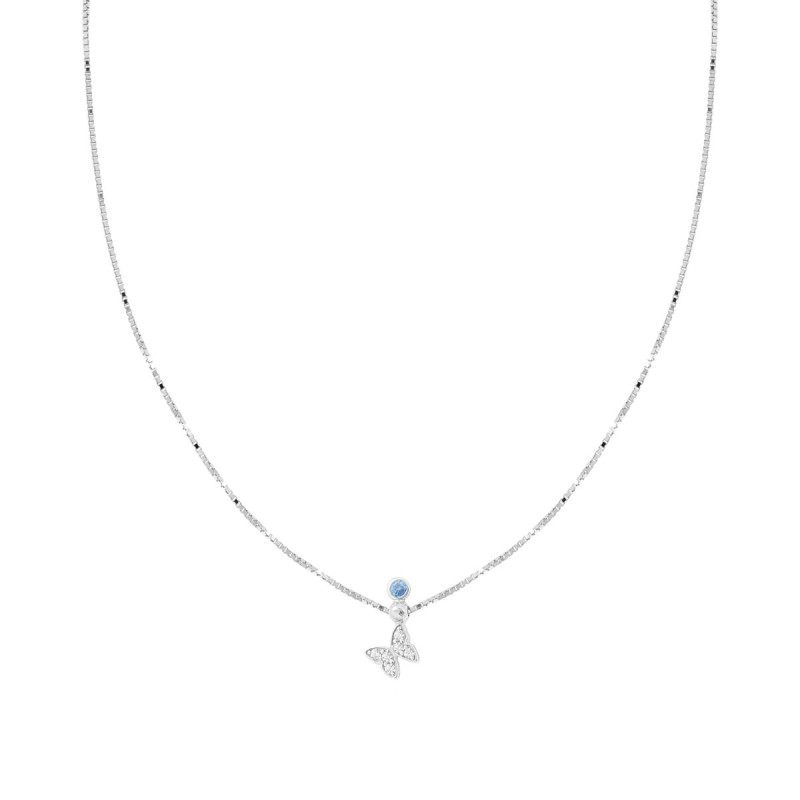 COLLANA CATENA VENEZIANA DIAMANTATA CON FARFALLA CUBIC ZIRCONIA BIANCHI E PUNTO LUCE ACQUAMARINA IN ARGENTO 925 GALVANICA RODIO