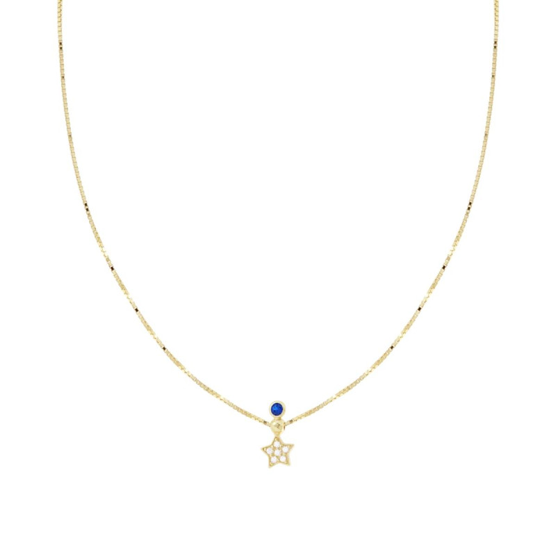 COLLANA CATENA VENEZIANA DIAMANTATA CON STELLA CUBIC ZIRCONIA BIANCHI E PUNTO LUCE BLU ZAFFIRO IN ARGENTO 925 GALVANICA ORO
