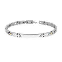 BRACCIALE UOMO MAGLIA IMPERNIATA CON TARGA E PUNTI COLORE ORO IN ACCIAIO