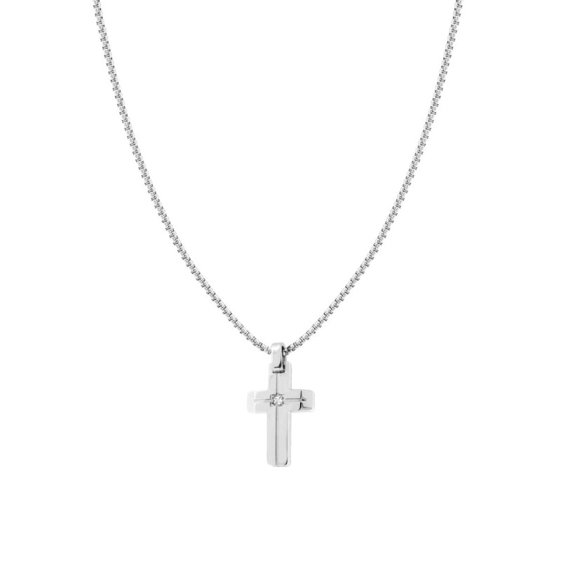 COLLANA CATENA VENEZIANA TONDA CON CROCE E CRYSTAL BIANCO IN ACCIAIO