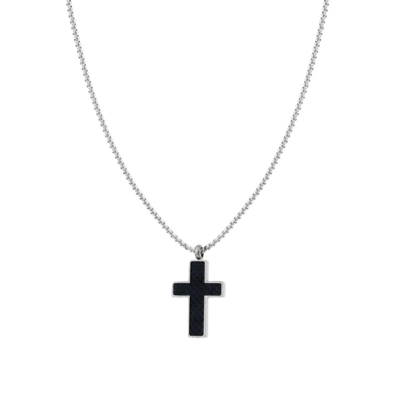 COLLANA CATENA VENEZIANA TONDA CON CROCE EFFETTO FIBRA DI CARBONIO IN ACCIAIO
