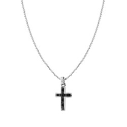 COLLANA CATENA VENEZIANA TONDA CON CROCE E CRYSTAL NERI IN ACCIAIO