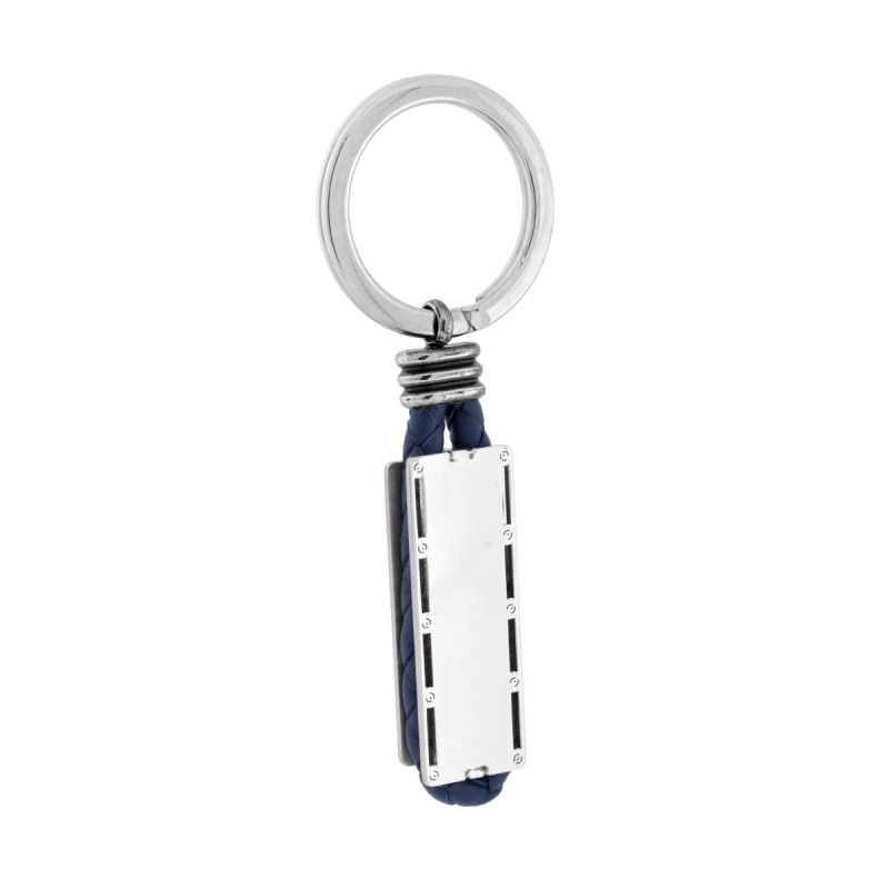 PORTACHIAVI UOMO DONNA AD ANELLO IN ECOPELLE BLU CON PIASTRA RETTANGOLARE IN ACCIAIO