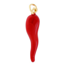 CIONDOLO PORTAFORTUNA CORNO MM 42 CON SMALTO ROSSO CORALLO IN ARGENTO 925 GALVANICA ORO