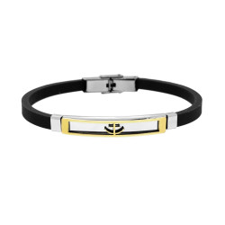 BRACCIALE UOMO PVC CAUCCIU NERO TARGA CON ANCORA COLORE ORO E ACCESSORI IN ACCIAIO