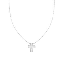 COLLANA CATENA FORZATINA DIAMANTATA CON CROCE E CRYSTAL BIANCO IN ACCIAIO E OTTONE