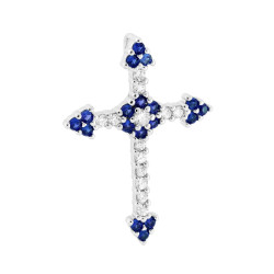 CIONDOLO CROCE ROMANA CON CUBIC ZIRCONIA BLU ZAFFIRO E BIANCHI IN ARGENTO 925 GALVANICA RODIO
