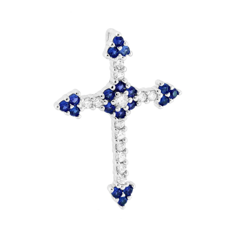 CIONDOLO CROCE ROMANA CON CUBIC ZIRCONIA BLU ZAFFIRO E BIANCHI IN ARGENTO 925 GALVANICA RODIO
