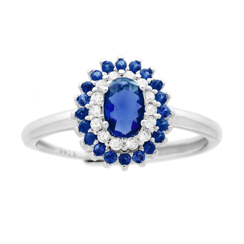 ANELLO SOLITARIO OVALE CON CUBIC ZIRCONIA BLU ZAFFIRO E BIANCHI IN ARGENTO 925 GALVANICA RODIO