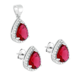 PARURE SET ORECCHINI E CIONDOLO GOCCIA CUBIC ZIRCONIA ROSSO RUBINO CONTORNATO DA CUBIC ZIRCONIA BIANCHI IN ARGENTO 925 GALVANICA