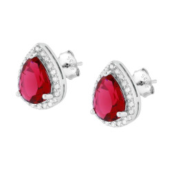 PARURE SET ORECCHINI E CIONDOLO GOCCIA CUBIC ZIRCONIA ROSSO RUBINO CONTORNATO DA CUBIC ZIRCONIA BIANCHI IN ARGENTO 925 GALVANICA