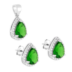 PARURE SET ORECCHINI E CIONDOLO GOCCIA CUBIC ZIRCONIA VERDE SMERALDO CONTORNATO DA CUBIC ZIRCONIA BIANCHI IN ARGENTO 925 GALVANI