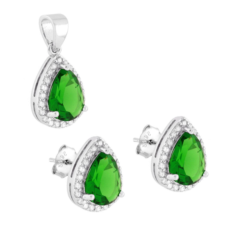 PARURE SET ORECCHINI E CIONDOLO GOCCIA CUBIC ZIRCONIA VERDE SMERALDO CONTORNATO DA CUBIC ZIRCONIA BIANCHI IN ARGENTO 925 GALVANI
