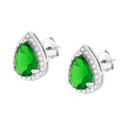 PARURE SET ORECCHINI E CIONDOLO GOCCIA CUBIC ZIRCONIA VERDE SMERALDO CONTORNATO DA CUBIC ZIRCONIA BIANCHI IN ARGENTO 925 GALVANI