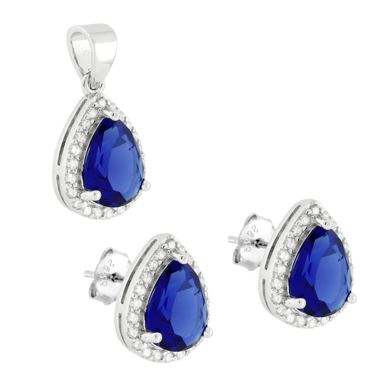PARURE SET ORECCHINI E CIONDOLO GOCCIA CUBIC ZIRCONIA BLU ZAFFIRO CONTORNATO DA CUBIC ZIRCONIA BIANCHI IN ARGENTO 925 GALVANICA 