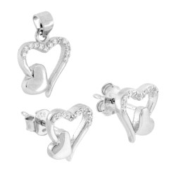 PARURE SET ORECCHINI E CIONDOLO CUORE E CUORICINO CON CUBIC ZIRCONIA BIANCHI IN ARGENTO 925 GALVANICA RODIO