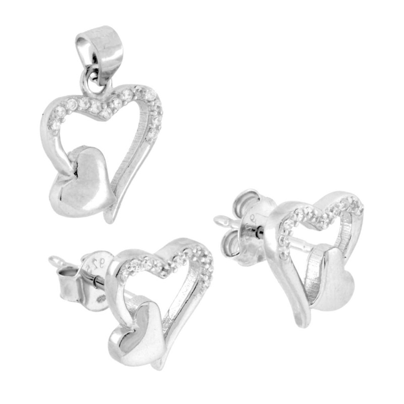 PARURE SET ORECCHINI E CIONDOLO CUORE E CUORICINO CON CUBIC ZIRCONIA BIANCHI IN ARGENTO 925 GALVANICA RODIO