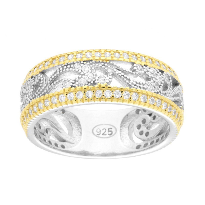 ANELLO FASCIA CON MOTIVO ORNAMENTALE CUBIC ZIRCONIA BIANCHI IN ARGENTO 925 GALVANICA RODIO E ORO