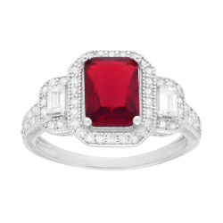 ANELLO RETTANGOLO ROSSO RUBINO CONTORNATO DA CUBIC ZIRCONIA BIANCHI BAGUETTE IN ARGENTO 925 GALVANICA RODIO