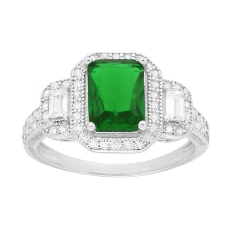 ANELLO RETTANGOLO VERDE SMERALDO CONTORNATO DA CUBIC ZIRCONIA BIANCHI BAGUETTE IN ARGENTO 925 GALVANICA RODIO