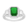 ANELLO RETTANGOLO VERDE SMERALDO CONTORNATO DA CUBIC ZIRCONIA BIANCHI BAGUETTE IN ARGENTO 925 GALVANICA RODIO