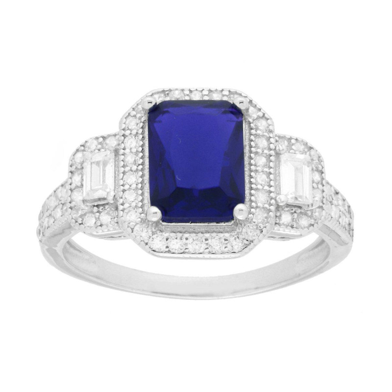 ANELLO RETTANGOLO BLU ZAFFIRO CONTORNATO DA CUBIC ZIRCONIA BIANCHI BAGUETTE IN ARGENTO 925 GALVANICA RODIO